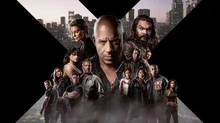 Fast X 8K Ultra HD PC desktop wallpaper: cinematic ensemble of racers and allies posed before a giant X and city skyline, smoky foreground and dramatic lighting.