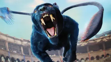 Dungeons & Dragons: Honor Among Thieves 8K Ultra HD PC desktop wallpaper — roaring winged panther lunges toward the viewer in a sunlit coliseum.