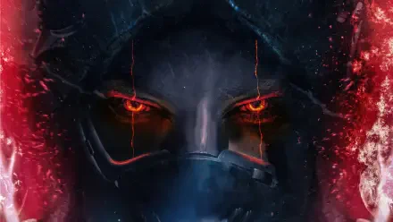 Rey (Star Wars) close-up in a dark hood and mask, glowing red eyes and embers — cinematic 4K Ultra HD PC desktop wallpaper background