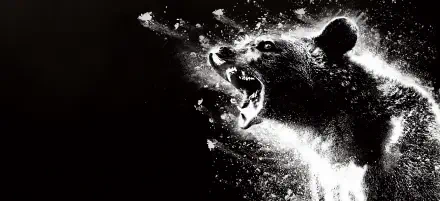 High-contrast black-and-white Cocaine Bear roaring amid powdery splatter, intense dynamic 4K Ultra HD PC desktop wallpaper/background.