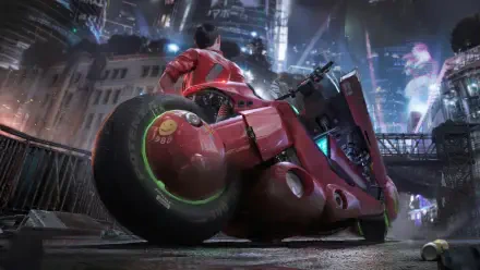 Akira-inspired red futuristic motorcycle and rider paused on a wet street beneath a neon cityscape — 4K Ultra HD PC desktop wallpaper and background.