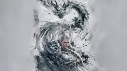 Nezha 2 4K Ultra HD PC desktop wallpaper: monochrome fantasy portrait of Nezha, armored and ethereal, with swirling robes forming a dragon-like spirit around him.