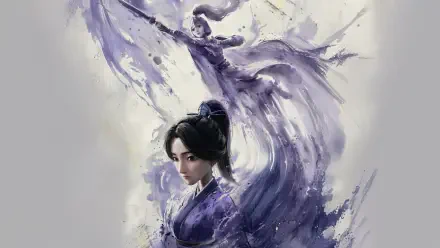 Nezha 2: stylized purple ink painting of a robed heroine with a swirling spirit guardian above, 4K Ultra HD PC desktop wallpaper and background.