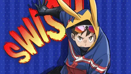 My Hero Academia: Vigilantes 4K Ultra HD PC wallpaper — hero in rabbit-eared hood lunging over a blue comic-dot background with bold SWISH text.