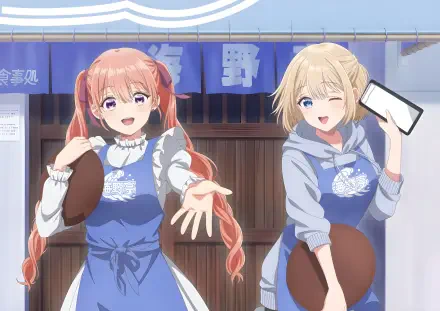 4K Ultra HD PC wallpaper of Sachi Umino and Erika Amano from A Couple of Cuckoos in aprons at a festival stall — Sachi reaching out smiling, Erika winking and holding a phone.