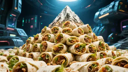 4K Ultra HD PC desktop wallpaper: food — a towering pyramid of burritos crowned like a snowy peak, set in a neon sci‑fi kitchen, close-up view of wraps and fillings.