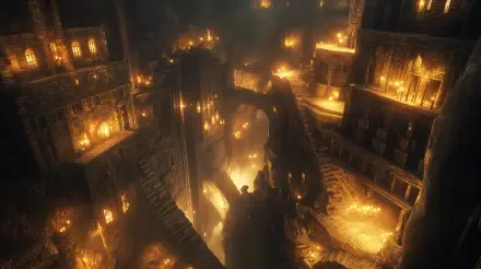 4K Ultra HD PC desktop wallpaper — fantasy dwarven mine: vast underground city of stacked stone platforms, bridges and stairways glowing with molten forges and warm torchlight.