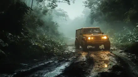 4K Ultra HD desktop wallpaper: yellow OHV with headlights splashing through a rain-soaked jungle off-road trail, muddy ruts and misty canopy.