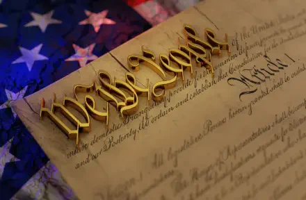 HD PC desktop wallpaper: close-up of the United States Constitution parchment with gilded We the People over a blurred American flag — American 4th of July background.