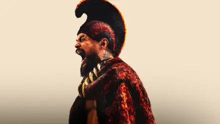 Roaring Chief of War in ornate fur cloak and horned crest, bold mohawk and battle paint, dramatic side profile on pale backdrop — HD PC desktop wallpaper background