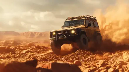 4K Ultra HD PC desktop wallpaper and background: rugged OHV offroad vehicle tearing through desert dust and rocks at golden hour.