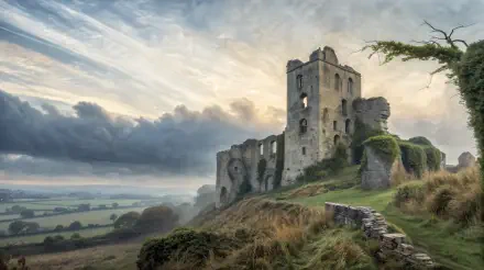 Ruined castle atop a misty hillside at dawn, dramatic clouds over rolling fields — 4K Ultra HD PC desktop wallpaper and background.