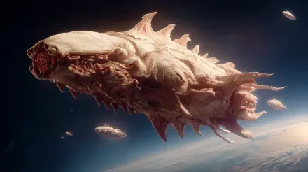 4K Ultra HD PC desktop wallpaper background: sci-fi organic spaceship resembling a colossal alien leviathan hovering above a blue planet, flanked by smaller vessels and dramatic backlighting.