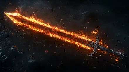4K Ultra HD fantasy PC desktop wallpaper of a blazing flaming sword streaking through a starry void, embers trailing from its fiery blade.