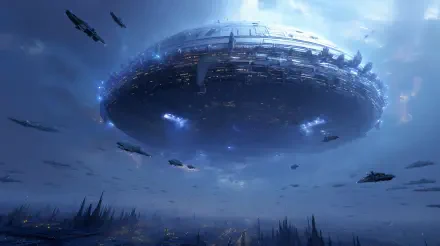 Sci Fi 4K Ultra HD PC desktop wallpaper/background: massive hovering capital ship above a neon city, escorted by smaller spaceships under stormy blue skies.