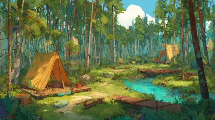 4K Ultra HD PC desktop wallpaper/background of a summer camp tent camping scene: canvas tents beside a clear stream in a sunlit pine forest.