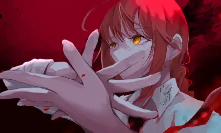 HD PC anime desktop wallpaper of Makima from Chainsaw Man: red-toned portrait of the anime girl with piercing yellow eyes and hands raised against a dark crimson background.