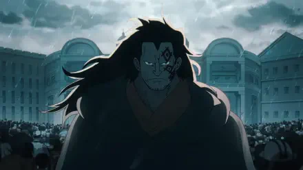 Anime HD PC desktop wallpaper of One Piece's Monkey D. Dragon: imposing, scarred silhouette with windblown hair standing before a crowd and stormy cityscape.