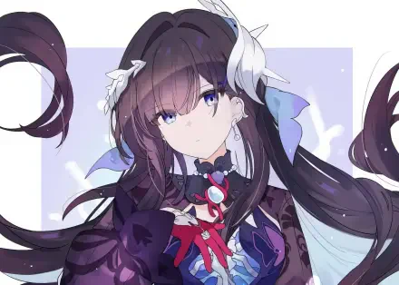 HD PC wallpaper of Hysilens from the video game Honkai: Star Rail — anime girl with long dark hair, violet eyes, floral hairpiece and purple-blue outfit against a soft pastel background.