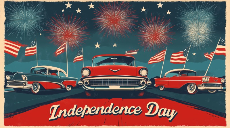 {{ HD desktop wallpaper featuring classic cars with American flags, fireworks, and stars celebrating the 4th of July Independence Day holiday. 
