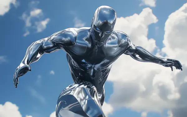 A dynamic HD wallpaper featuring the Silver Surfer, showcasing the character's glossy metallic finish against a backdrop of bright clouds and blue sky.