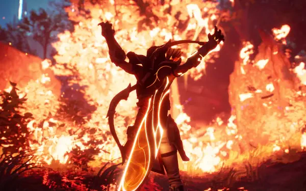 A dramatic scene from the video game *Eternal Strands*, showcasing a character in silhouette against a backdrop of vibrant flames, set in striking 4K Ultra HD.
