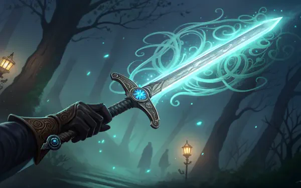 An enchanted weapon glows with a magical blue light, held by a cloaked figure in a misty, ethereal forest. Lanterns illuminate the path, enhancing the mystical atmosphere. 4K Ultra HD wallpaper.