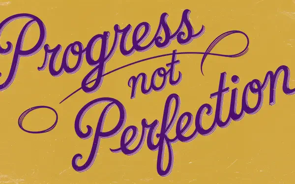 A vibrant 4K Ultra HD desktop wallpaper featuring the motivational phrase Progress not Perfection in a stylish purple font against a warm yellow background.