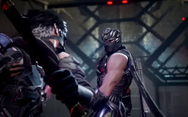 Dynamic scene from Ninja Gaiden 4, featuring intense character confrontation. Vibrant 4K Ultra HD visual showcases detailed graphics, perfect for a PC desktop wallpaper.