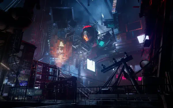 A vibrant cyberpunk cityscape from Ninja Gaiden 4, featuring neon lights and intricate structures, captured in a high-definition PC desktop wallpaper.