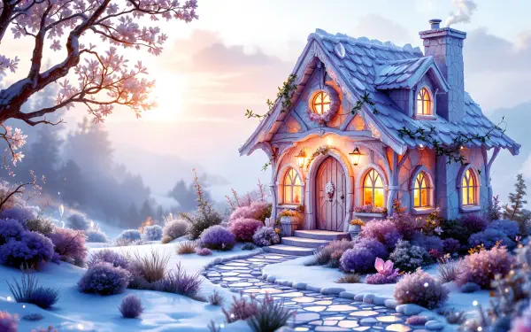 A cozy cottage surrounded by snow-covered gardens and vibrant flowers, illuminated by warm lights at dusk, perfect for a 4K Ultra HD PC desktop wallpaper and background.