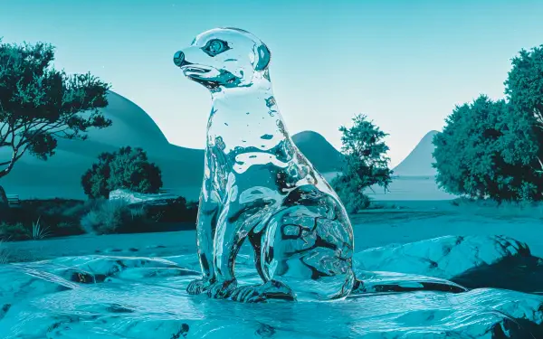 A sleek, blue-tinted meerkat sculpture sits prominently on a rocky surface, surrounded by serene landscapes, perfect for a 4K Ultra HD PC desktop wallpaper and background.