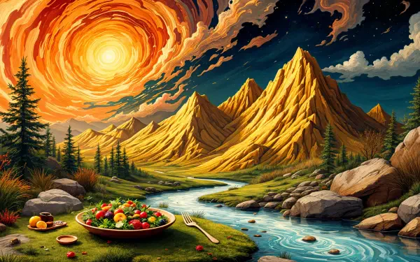 A vibrant landscape features a colorful salad on a plate beside a river, set against majestic mountains and a dramatic sunset, creating an inviting lunch scene in 4K Ultra HD.