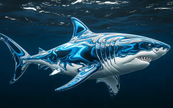 A vibrant 4K Ultra HD image of a great white shark swimming gracefully underwater, showcasing stunning blue and silver patterns on its sleek body.