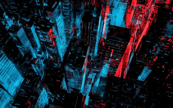A stunning dark cyberpunk cityscape featuring bold black and blue tones, creating a visually striking HD wallpaper that transforms any desktop background.