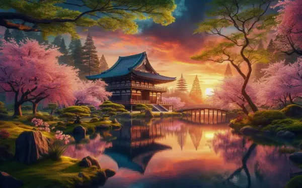 Japan temple sakura sunset pond HD Desktop Wallpaper | Background Image