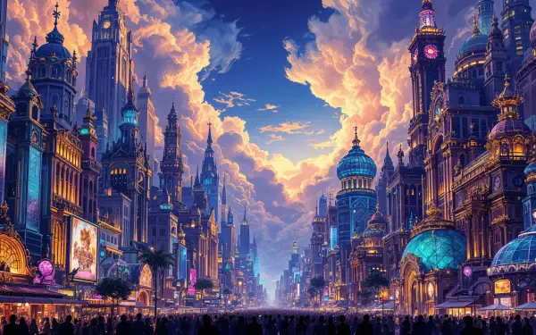 A vibrant, maximalist scene featuring grand architecture under dramatic skies, this 4K Ultra HD desktop wallpaper captivates with its rich colors and intricate details.