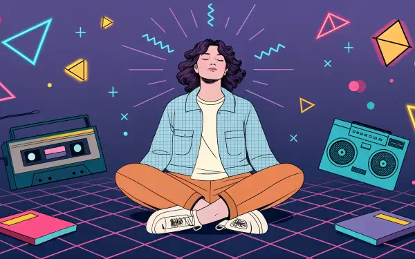 A vibrant 4K Ultra HD desktop wallpaper depicting a person practicing mindfulness, surrounded by colorful geometric shapes and retro cassette players, exuding a sense of calm and creativity.
