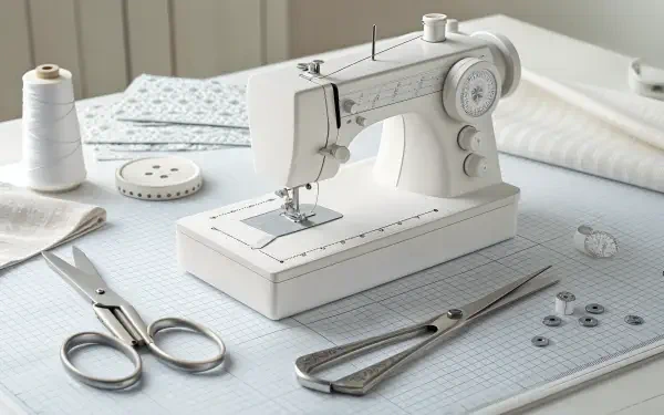 A neatly arranged sewing workspace featuring a white sewing machine, fabric pieces, scissors, and buttons, presented as a 4K Ultra HD PC desktop wallpaper and background.