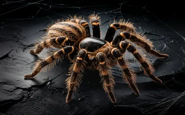 A highly detailed 4K Ultra HD desktop wallpaper featuring a close-up of a tarantula against a dark background, showcasing its intricate textures and striking features.