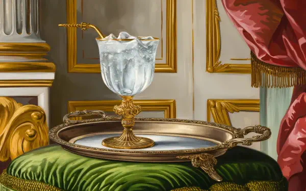A luxurious cold drink served in an ornate glass, resting on a silver tray atop a richly colored fabric, depicted in 4K Ultra HD for an elegant desktop wallpaper.