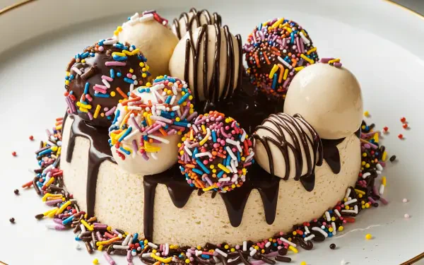 A decadent dessert adorned with chocolate, creamy spheres, and colorful sprinkles, set against a stylish background. This image serves as an enticing 4K Ultra HD PC desktop wallpaper.
