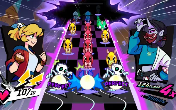 HD PC desktop wallpaper featuring vibrant characters and rhythmic gameplay from the video game Rift of the NecroDancer, showcasing dynamic music-based combat.