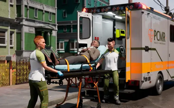 A scene from Ambulance Life: A Paramedic Simulator, featuring paramedics assisting a patient on a stretcher near an ambulance in a vibrant urban setting. 4K Ultra HD quality.