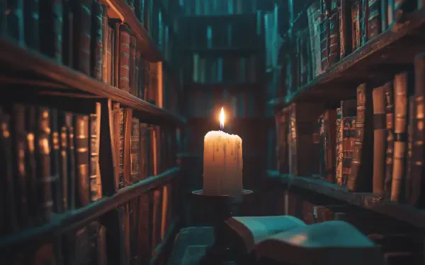 A dimly lit library filled with shelves of books, featuring a solitary candle illuminating the space, capturing the essence of dark academia. HD desktop wallpaper.