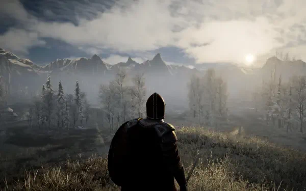A warrior in armor stands on a grassy hill, overlooking a misty landscape of mountains and trees, capturing the immersive atmosphere of the video game Eyes of War in stunning 4K Ultra HD.