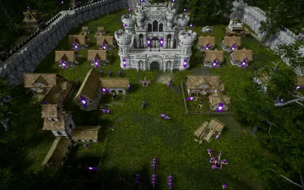 A vibrant 4K Ultra HD wallpaper from the video game Eyes of War, showcasing a detailed landscape with a grand castle and surrounding village structures, all set in lush greenery.