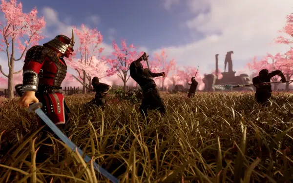A dynamic scene from the video game Eyes of War, featuring a samurai warrior in a vibrant, colorful landscape with blooming trees and battle-ready figures in action. 4K Ultra HD quality.