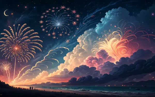 A vibrant display of new year fireworks illuminates a night sky filled with clouds, reflecting colorful bursts over a tranquil ocean, serving as a stunning 4K Ultra HD desktop wallpaper.