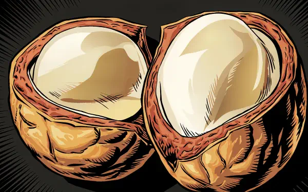 A detailed illustration of opened macadamia nuts, showcasing their smooth, creamy kernels against a dark background, designed as a stunning 4K Ultra HD PC desktop wallpaper.
